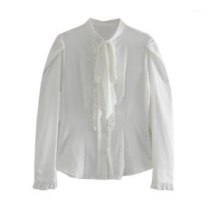 Wholesale top ip resale online - Katara Casual Bow O Neck White Blouses Women Fashion Ruffles Shirts Elegant Slim Puff Sleeve Tops Female Ladies IP Women s