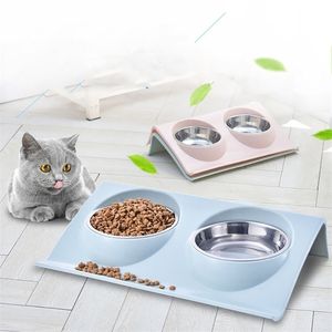 SGroße Doppel-Hundenapf-Welpen-Katzen-Haustier-Futterstation, Edelstahl-Futterwassernäpfe, Futterspender-Lösung für Hunde, Katzen, 210320