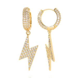 Hip Hop Lightning Drop Earrings Full White Zircon Dangle Hoop Earrings 18K Real Gold Plated Jewelry