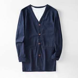 Herren-Trenchmäntel, japanischer Stil, Baumwoll-Leinen-Mantel, Vintage-Stil, mit Knöpfen, lässig, Windjacke, blaue Jacke, Übergröße, Jungen, V-Ausschnitt, Top, 3XL, Viol22