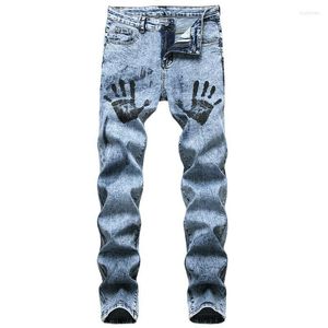 Jeans Masculino Masculino Azul Skinny Primavera Outono Palm Print Calça Cowboy Pantalones Masculino Algodão Casual Calça Longa Tamanho 29-42