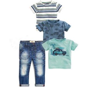 Completi di abbigliamento Estate Bambini Neonati 4 pezzi Set T-shirt a righe T-shirt blu Car Denim JeansAbbigliamento