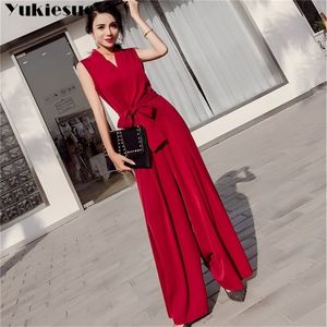 summer Ladies Sleeveless Solid Jumpsuits High Waist Sashes Women Casual Wide Leg Rompers bodysuit sexy elegant jumpsuits 210412