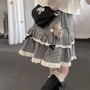 Houzhou Kawaii клетчатая юбка женские рюшами кружева лоскутное лук высокая талия ITa Harajuku Egirl Streetwear японская мягкая девушка 220401