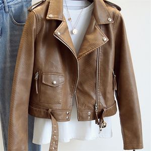 Ailegogo Spring Autumn Women Faux Leather Jacket Streetwear Khaki Leather Coat Biker Moto Jacket with Belt Female Outerwear 220815