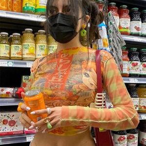 Fufucaillm Harajuku T Roomts 90S Girls Life Mesh сетчатой ​​сетки с длинным рукавом