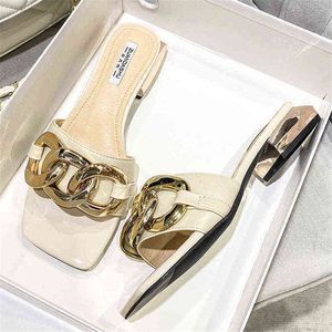Tofflor mode kvinnor skor metallkedja kvinnor sandaler 2,5 cm häl sko kvinnliga högkvalitativa bilder mulor parti bröllopssko 220530