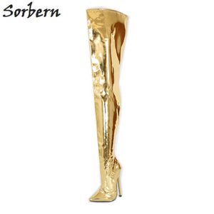 Sorbern Gold Metallic 18 cm High Heels Med Oberschenkel hohe Stiefel Diy Farben Frauen Größe 11 Schuhe benutzerdefinierte breite Wadenstiefel Plus Größe neu