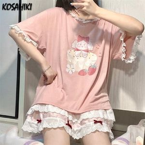 KOSAHIKI Süße Spitze Patch Kurzarm Rosa T-shirt Frauen Japanische Kawaii Mode Y2k Tops Cartoon Grafiken Nette T-shirts 220511