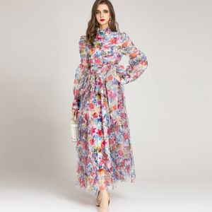 Women's Runway Dresses Stand Collar Long Sleeves Ruched Bodice Printed Elegant Fashion Party Prom Gown