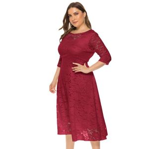 Plus Size Dresses Fall Hollow Out Lace A-line Midi Dress Women High Waist Evening Ladies Elegant Casual Outfits Wedding PartyPlus