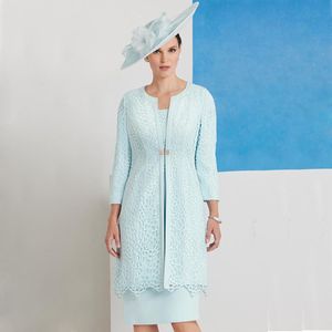 ジャケットサテンニーレングスウェディングゲストドレスの花嫁の服の青いレースの母青い青い袖のイブニングガウン