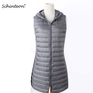 Schinteon Women Ultra Light Down Vest with Hood Casual Long Slim White Duck Down Bottoming Vest Arrival 201128