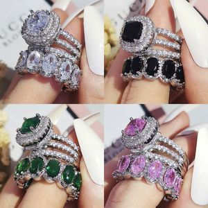 Luxus Grün Schwarz Rosa Silber Farbe Kissen Hochzeit Verlobungsringe Ring Sets für Frauen Finger Reine Personalisierte Schmuck R5847