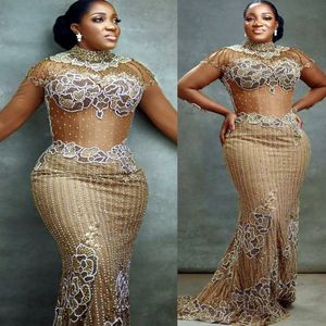 2022 Plus Size Arabic Aso Ebi Champagne Luxurious Mermaid Prom Dresses Lace Beaded Evening Formal Party Second Reception Birthday Engagement Dress ZJ205