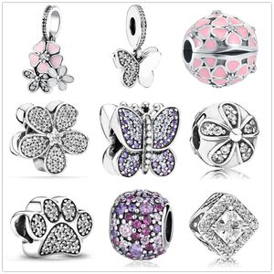 925 Sterling Silver Dangle Charm Newst Pink Daisy Flower Butterfly Charm Bead Fit Pandora Charms Armband DIY smycken Tillbehör