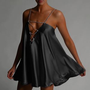 Diamante Chain Satin Low Back Swing Dress With Iridescent Crystal Straps and Neck Sexy Celebrity Party Elegant Women 220521