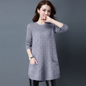 Koreanska kvinnors höstlånga långsiktiga tröja toppar kvinnlig vinter lös botten skjorta oneck pullover tröjor lady 220815