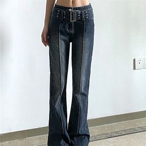 Heyoungirl Casual Vintage Black Jeans Women 2000s Estetic Skinny Fleared Pants Capris med Belt Fashion Korean Trousers 220701