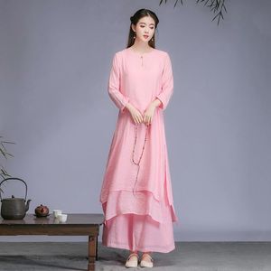 エスニック服伝統的な中国人女性ブラウスリネントップヨガセットパンツレトロ長いチョンサムタイチーユニフォーム通気性カジュアルハンフ