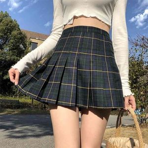 Harajuku Tartan Red Green Women Skirt Sexy plaid Pleated Skirts Fashion Mini Skirt Side Zipper High Waist skirts womens Casual 210331