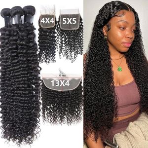 Human Hair Bulks 30 40 Inch Deep Wave Bundles With Frontal Brazilian Extension 3/4 Closure Remy