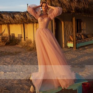 Simple Pink A-Line Prom Dresses Floor Length Tulle Evening Dress Illusion Long Sleeve Off The Shoulder Party Gown Women