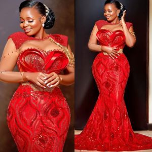 2022 Plus Size Arabic Aso Ebi Red Mermaid Luxurious Prom Dresses Beaded Peadls Evening Formal Party Second Reception Birthday Engagement Gowns Dress ZJ754