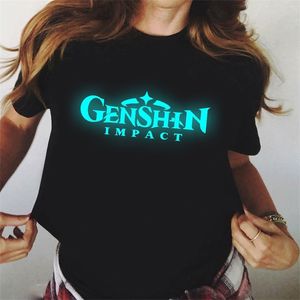 Genshin Impact Luminous Printed T Shirt Women TEES TEES THE THE THIRT HARAJUKU TOE TEE Cute Tshirt krótkiego rękawu żeńskie tshirty 220613