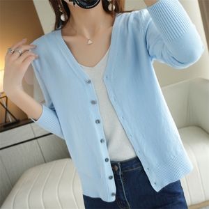 Spring Autumn VNeck Knitted Cardigan Womens Loose Large Size Thin Sweater AllMatch Jacket Pure Color Basic Small 220812