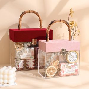 Gift Wrap Luxury Square Clear Acrylic Boxes With Rattan Handle Carry Box For Candy Jewelry Wedding Favor Handbag GirlsGift