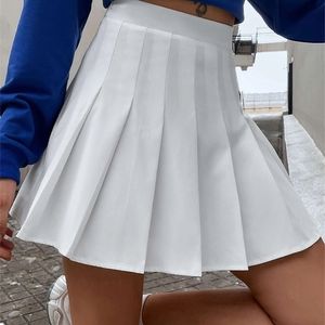 Preppy Style High Waist Solid Pläterad Mini Skirt Kvinnor Sommarfjäder Koreansk Fashion Söt Vit A-Line Y2K Skort Kläder 220401