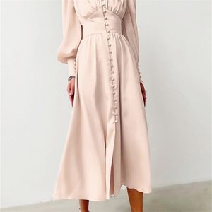 OOTN White Single Breasted Elegant Dress For Women Party Robe High Waist Satin Long Dress Chic Midi Dresses Lantern Sleeve 220811