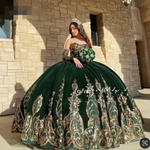 Meksikalı Kızlar Quince Dark Yeşil Quinceanera Elbiseler Dantel Aplike Tatlı 16 Pageant önlükleri kadife vestidos de xv