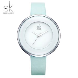 Shengke New SkyBlue Leather Strap Buckle Women Womens Relógios 38 mm Big Top Brand Simple Dial Quartz Luxury Ladies Watch Relloj Mujer 201119