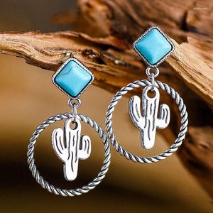 Dangle & Chandelier Wholesale Retro Turquoise Ring Cactus Alloy Stud Earrings Creative Sunflower Flower Women EarringsDangle Odet22