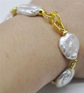 Beaded Strands Habitoo Natural Pearl Barock Style Coin White Armband Bangle smycken Armband för kvinnor gåva INTE22