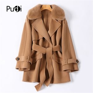 Pudi Women Winter Real Fur Plat Kurtka norka Fur Fur Kllar Ins Over Size Wool Blends Coats Parka Trench Z7 201215