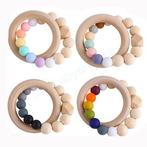 Baby Teether Toys Candy Color Silicone Wood Rings Food Grade Wooden Soothers Nursing Teething Toys Newbron Accessories Kids Chew Toy