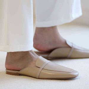 Женские тапочки для кожи квадратный квадратный ноги Mules Flats Korea Style Low Hel Slip на весенней осень -женщина простая обувь 220520