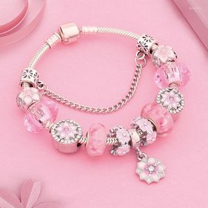 Charmarmband Drop Romantic Pink Crystal Emamel Cherry Blossoms Flower Armband Silver Color Diy Plant Pärla för WomenCharm Lars22