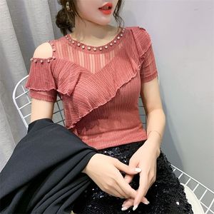 Summer Fashion Korean Clothes Tshirt Sexig Off Shoulder Ruffles Diamonds Women Tops Ropa Mujer Short Sleeve Tees New T03503 T200614