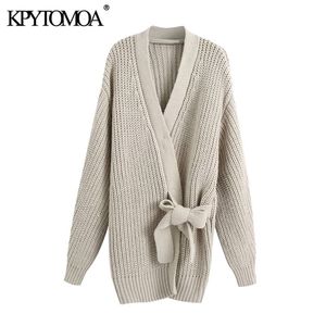KPYTOMOA Kvinnor Fashion med bundet Wrap Sticked Cardigan tröja Vintage Långärmad Loose Female Outerwear Chic Tops 210204