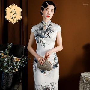 Frauen elegante chinesische Cheongsam Mode Blumendruck Qipao Kleid Vintage Tang Anzug Hollow Bankett Kostüm Schlanker Rock Hochzeit Ethnische Kleidung