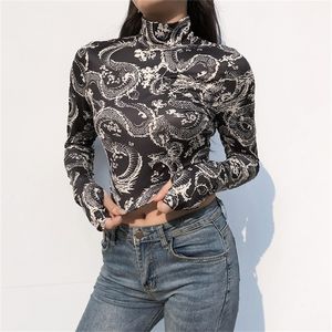 Goth Dragon Print Femme Turtleneck Women's T-Shirts Clothing Gothic Aesthetic Crop Top Harajuku Skinny Long Sleeve Tee 210317