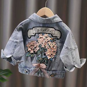 Jacken Kinder Mädchen Denim Baby Blume Stickerei Mäntel Frühling Herbst Mode Kind Kinder Outwear Zerrissene Jeans Jacken Jean