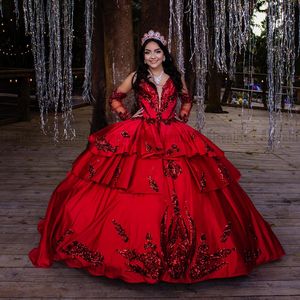 Princess Sweetheart Quinceanera Dresses Burgundy Sequins Lace Tiered Skirt Ball Gown Prom Dress Vestidos De 15 Anos