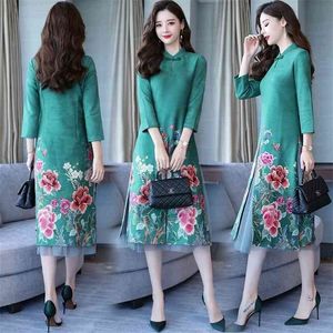 Chinese style printing two piece dress new autumn deer skin velvet national wind lace dress 210322