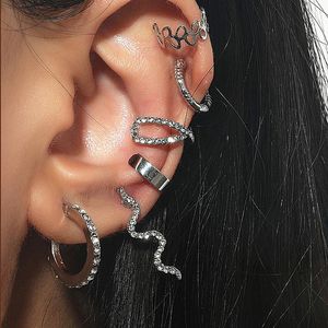 Clip-on & Screw Back 6pcs Fashion Silver Snake Non-Piercing Ear Clip Earrings For Women Simple Fake Cartilage Cuff Jewelry AccessoriesClip-o