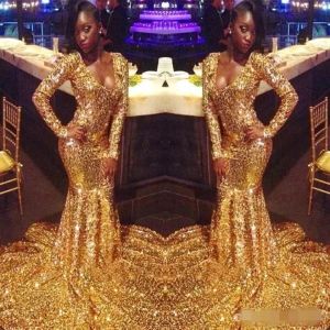 Cekiny Złote sukienki PROM 2022 Długie rękawy Seksowne głębokie v szyja długość podłogi Paletki na zamówienie wieczorne sukienki imprezowe Formalne zużycie OCN EVIDOS ESTIDOS